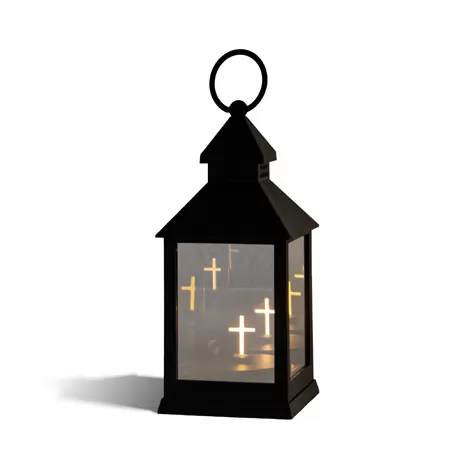 black plastic lantern with 3d cross light effect battery operated decor factory