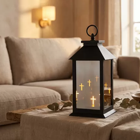 black plastic lantern with 3d cross light effect battery operated decor suppliers