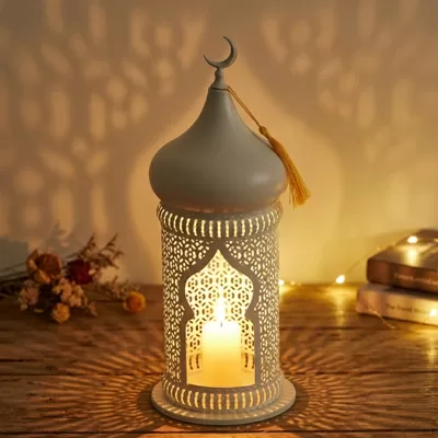 Modern Mosque Shape Lantern White Islamic Home Decor Candle Stand with Tassel