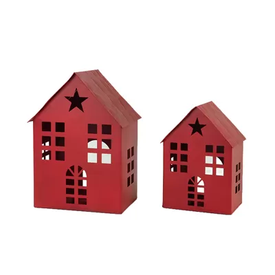 Rustic Iron Art House Candle Holder with Star Cutout Set of 2 Tea Light Stand