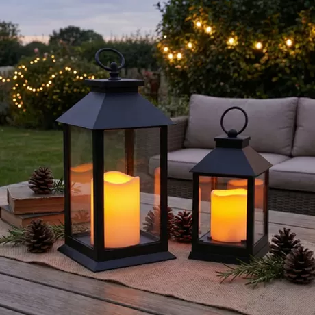 set of 2 black plastic lanterns with led candles waterproof outdoor decor factory