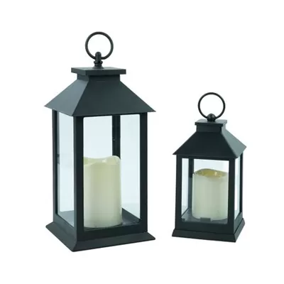 Set of 2 Black Plastic Lanterns with LED Candles Waterproof Outdoor Decor