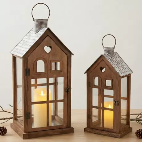 set of 2 rustic wooden house lanterns galvanized metal roof candle holder china