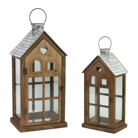 set of 2 rustic wooden house lanterns galvanized metal roof candle holder factory