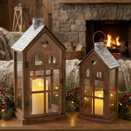 set of 2 rustic wooden house lanterns galvanized metal roof candle holder in china