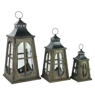 Vintage Brown Wood Floor Lantern Set with Metal Top Indoor Home Decor
